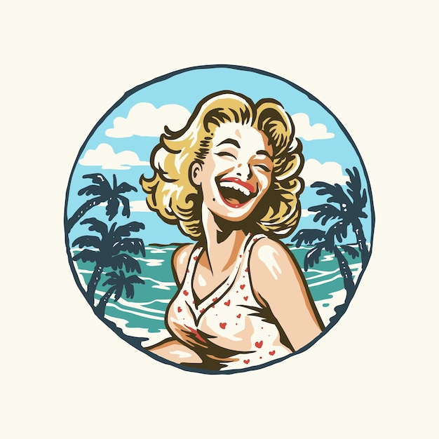 a woman laughing on the beach with palm trees in the background.