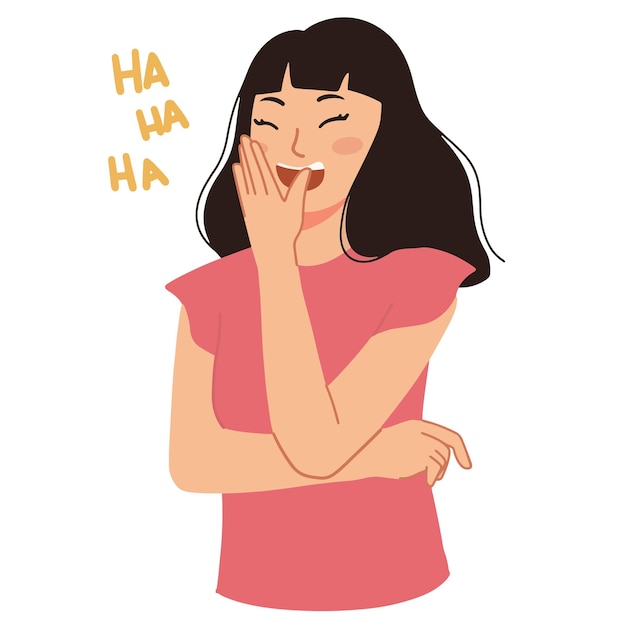 Woman laughing hard and covering her mouth feeling happy talking with friend illustration