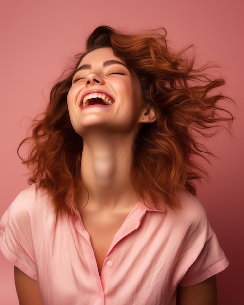 A woman laughing with her hair blowing in the wind