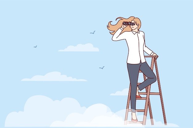 Woman leader stands on top of stepladder among clouds and looks into distance through binoculars