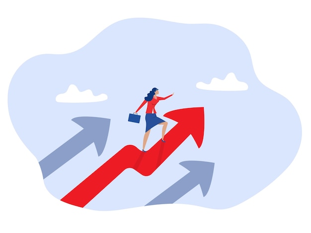 Woman leader visionary to lead businesswoman standing on growth arrow pointing to the bright future