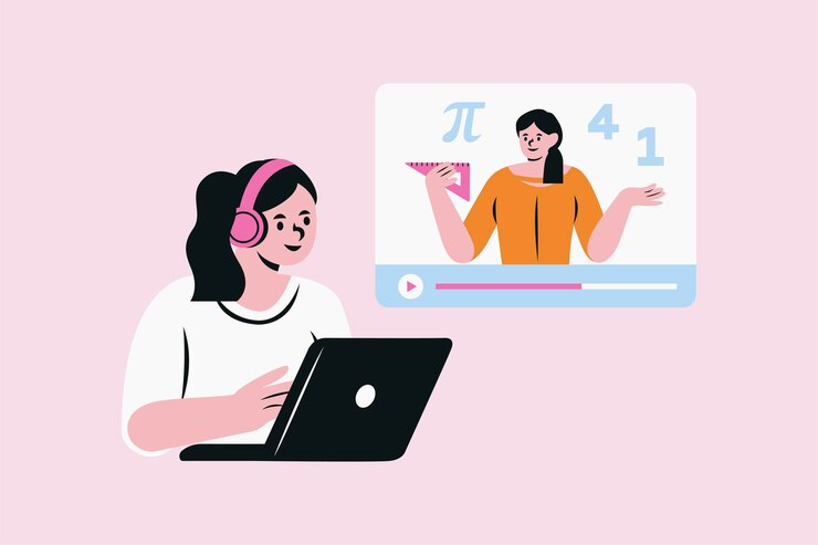 Vector コンピュータ・タブレット・ベクトル・イラストレーションでオンラインで学ぶ女性