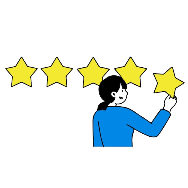 Donna che lascia commento feedback e valutazione dei clienti 5 stelle, illustrazione vettoriale.