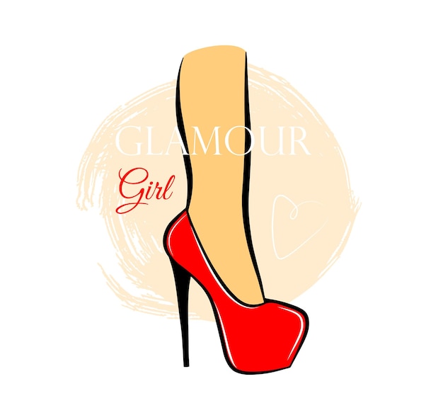 Вектор Женская нога с красной туфлей на белом фоне красочная векторная иллюстрация моды, нарисованная вручную красота гламурной девушки qoute красивые женские ноги дизайн печати футболки