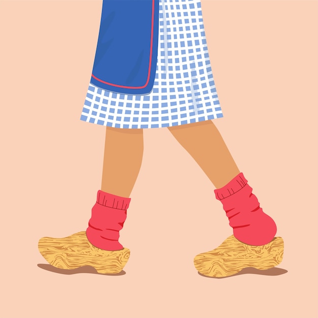 Vector woman legs in wooden dutch clogs.