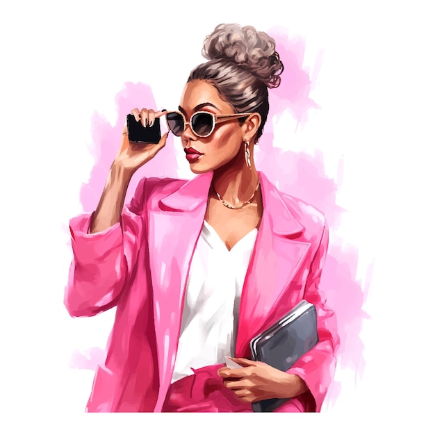 Vector woman in a leopard print jacket and sunglasses talking on a cell phone womens day