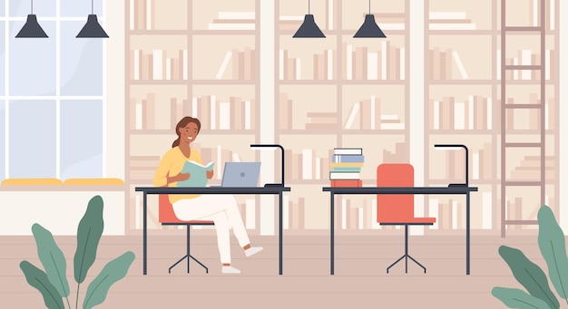 Vector woman in library. young lady with book in public library reading room interior with laptop, bookshelves and desks education vector concept. female bookworm learning or studying for university