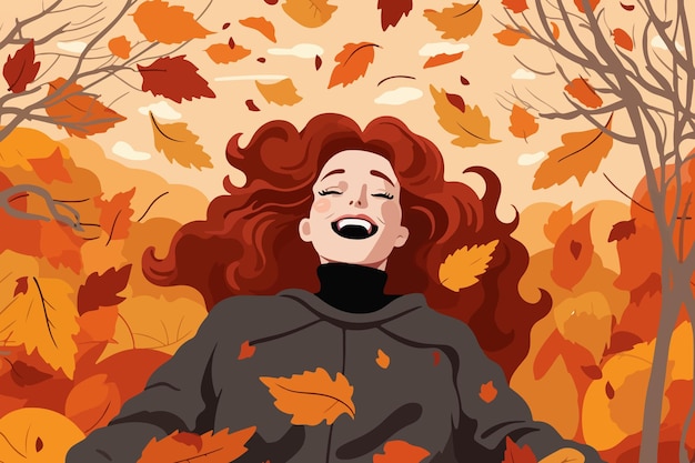 Woman lies in autumn park on ground among fallen multicolored foliage and smiles rejoicing at onset of october Girl enjoys autumn season and feels positive emotions from reunion with nature