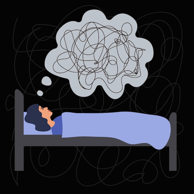 A woman lies in bed cannot sleep has heavy thoughts Mental disorder concept depression insomnia Vector illustration