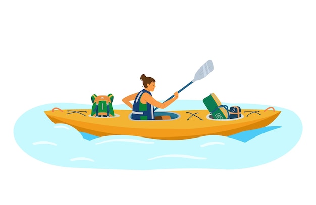 Woman in life jacket rows in kayak with tourist equipment.