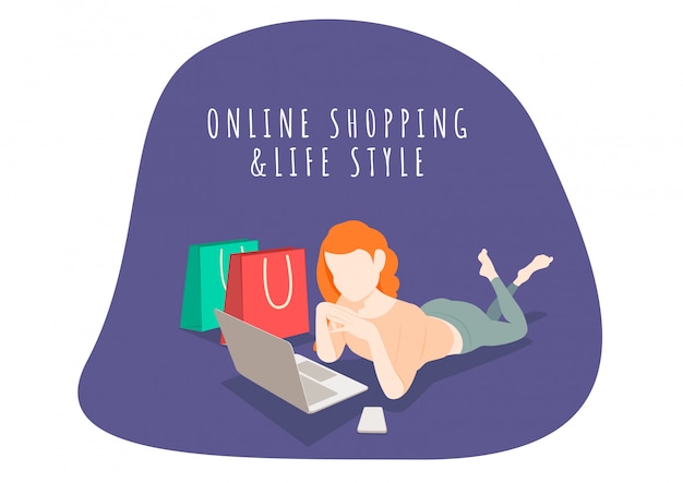 Personaggio di stile di vita della donna che acquista online con il telefono cellulare e il laptop. shopping online e marketing.