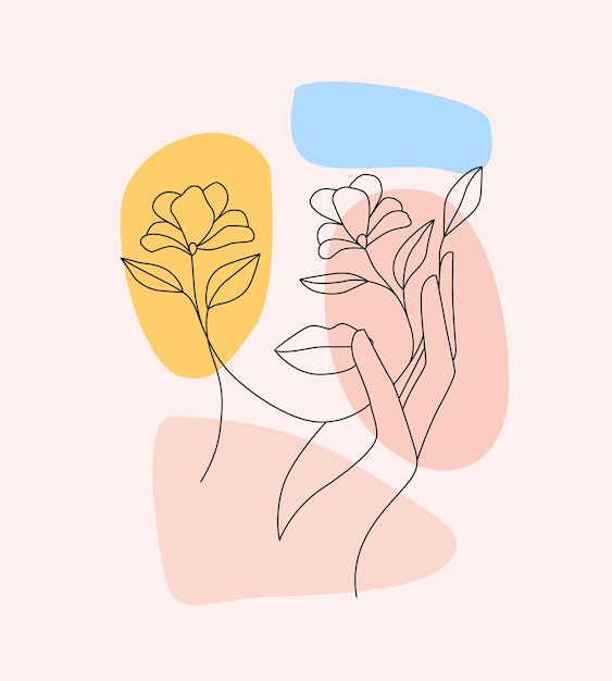 Woman line art and minimal design flowers