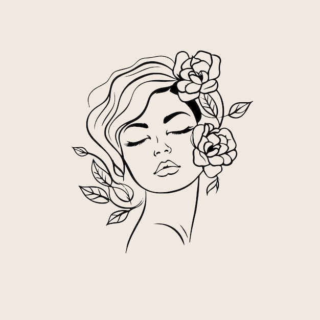 Woman Line Art Minimalist Logo Nature Organic Cosmetics Makeup Flower head Feminine Illustration line drawing Woman face with flowers line