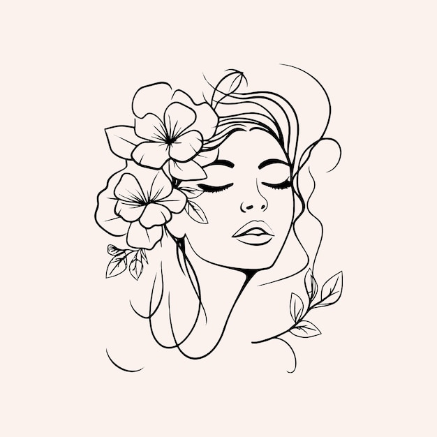 Woman Line Art Minimalist Logo Nature Organic Cosmetics Makeup Flower head Feminine Illustration line drawing Woman face with flowers line