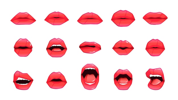 Vector woman lips female plump mouth with glossy lipstick girl sexy impudent smile kiss lip makeup flat cartoon style vector isolated set