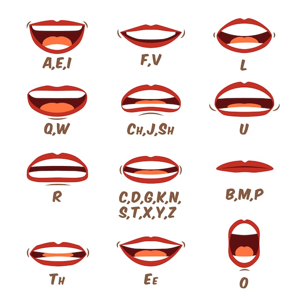 Woman lips and tongue sync set for animation and sound pronunciation. female human mouth cartoon collection in a flat cartoon style. character face elements. illustration in a trendy design.