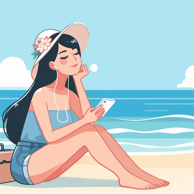 Vector woman listening music in the beach ai generated image