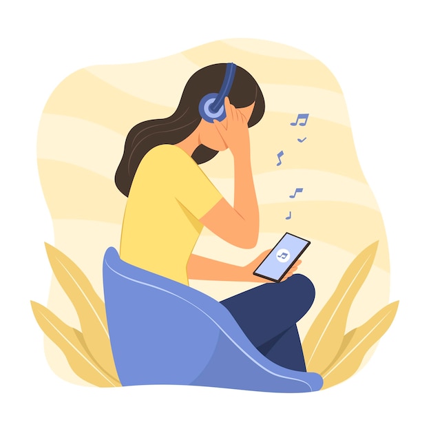 Vector woman listening music from smartphone