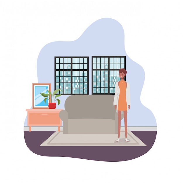 woman living room with view the city by window