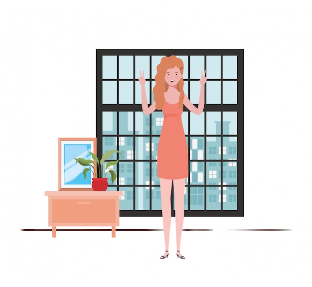 Vector woman living room with view the city by window