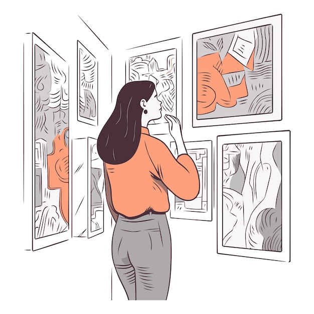 Вектор Женщина смотрит на картины в художественной галерее векторная иллюстрация, нарисованная вручную