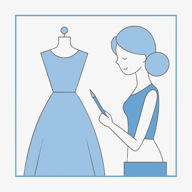 a woman looking at a dress that has a pen in her hand