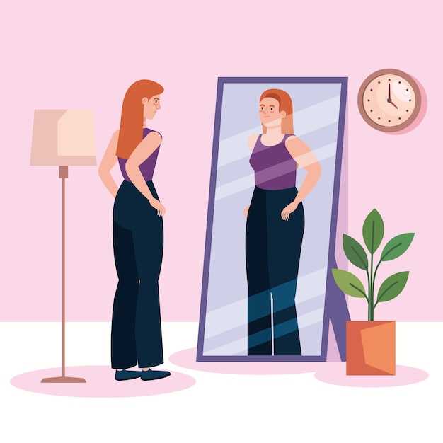 Vector woman looking fat in mirror scene