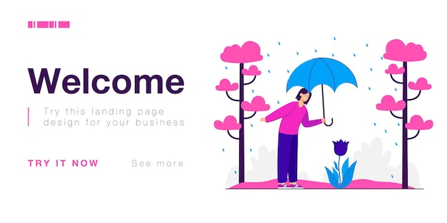 Woman looking at flower under rain. female character walking in park with umbrella flat vector illustration. outdoor activity, nature, leisure concept for banner, website design or landing web page