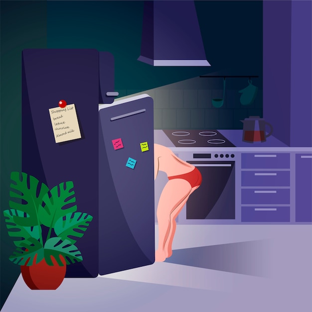 Vector woman looking in the fridge at night. nightly overeating, eating disorder and emotional problems concept. trendy cartoon illustration.