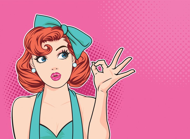 Vector woman looking and hand up ok action