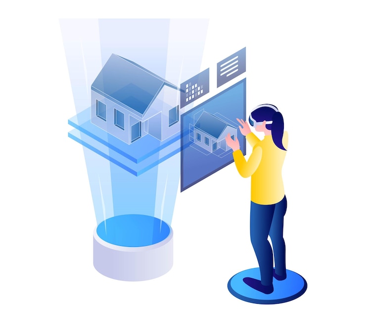 Vector woman looking at house size with virtual reality