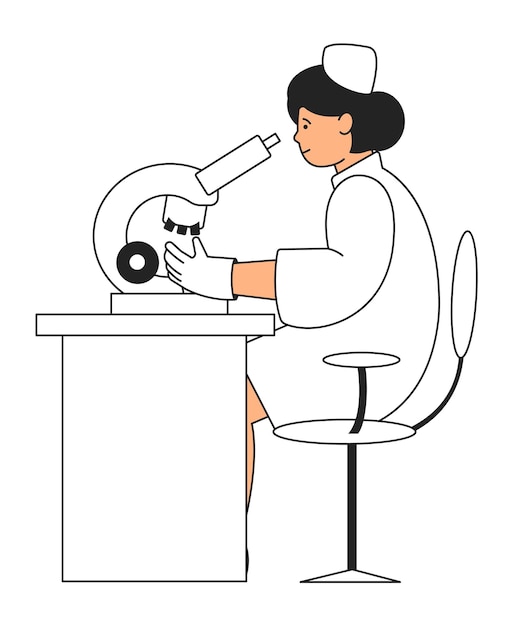 Woman looking in microscope Medical laboratory worker in coat