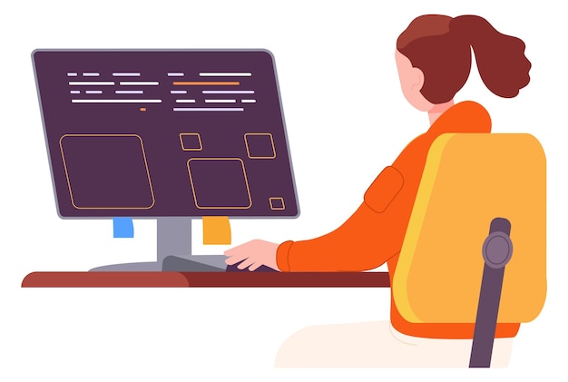 ベクトル コンピューター画面でコードを見ている女性プログラマーが働いている