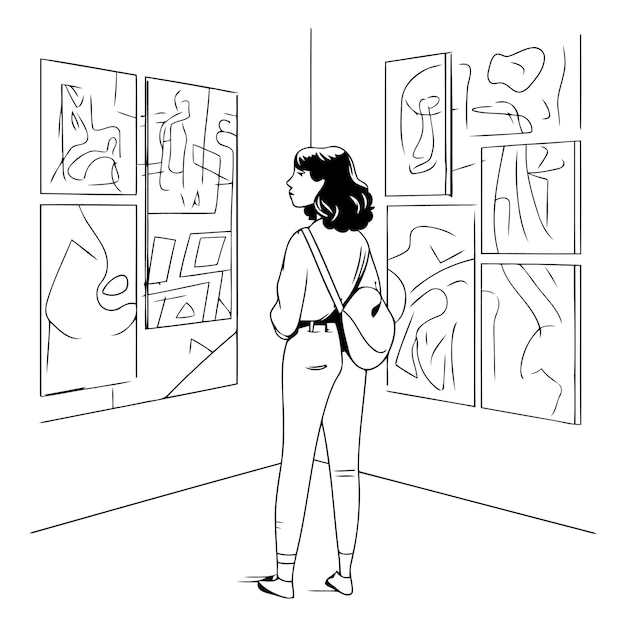 Vector woman looking at paintings in art gallery in cartoon style