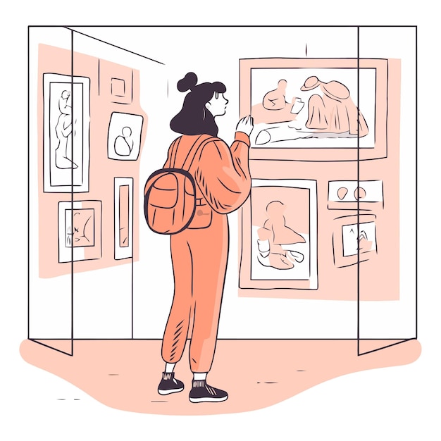 Vector woman looking at paintings in museum in sketch style