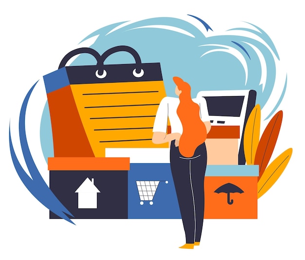 Vector woman looking and products bought while shopping on savings money. planning family budget and managing financial assets wisely. female character with calendar and boxes. vector in flat style