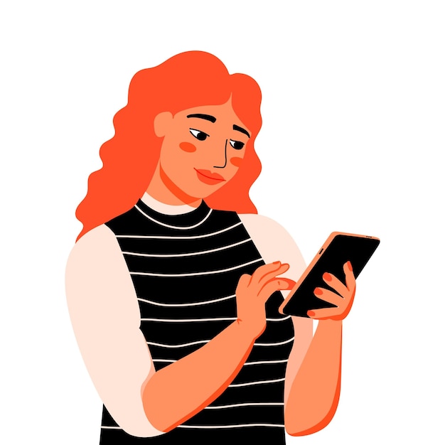 Vector woman looking on smartphone and typing a text girl chatting on phone