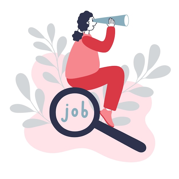 Vector woman looking through binoculars finding a job flat vector illustration isolated on white background