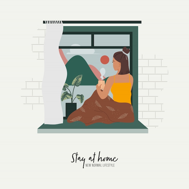 Vector woman looking through window while sitting on windowsill at home. stay at home and new normal lifestyle.