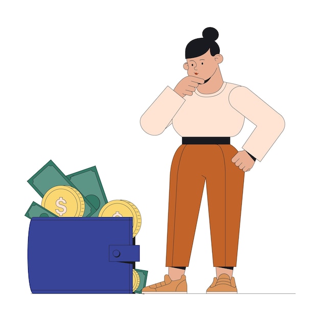 Вектор Женщина смотрит на кошелек с деньгами