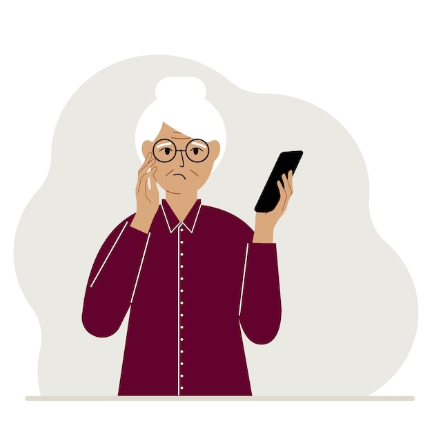 Vector a woman looks at a mobile phone. a woman looks sadly at the phone he holds in his hand. vector flat illustration.