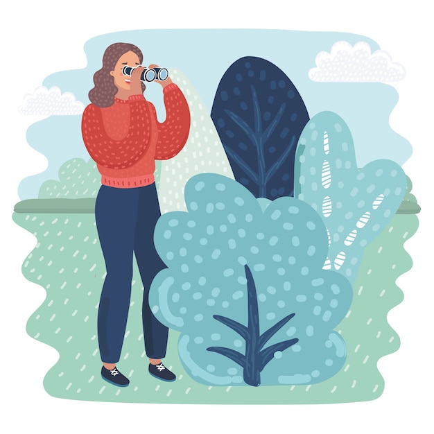 Woman looks through binocular pop art retro illustration