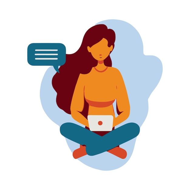 Vettore la donna nella posizione del loto sta lavorando su un computer portatile cartoon woman freelancer illustration