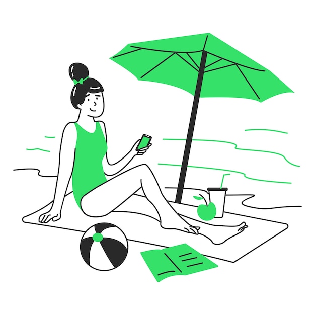 우산 아래 해변에서 어슬렁 어슬렁 여자
