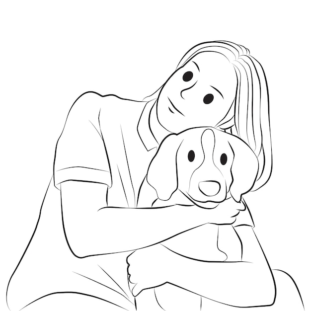 女性が愛情を込めて犬の子犬を抱きしめるポーズ ライン漫画イラスト
