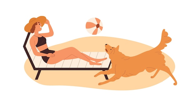 寝椅子に横たわり、砂浜でビキニと帽子をかぶって日光浴をする女性。夏休みにサンベッド、デッキチェアでくつろぐ犬を持つ少女。白い背景に分離されたフラットのベクトル図.