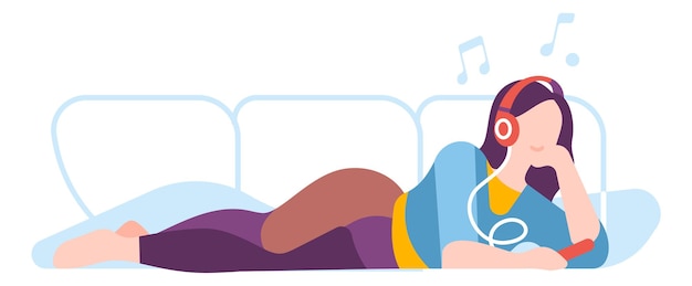 Vector woman lying on couch and listening music. home relaxing concept