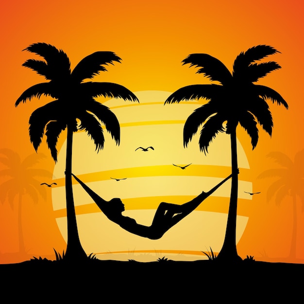 Vector woman lying in hammock tied with coconut tree silhouette at evening flat vector illustration