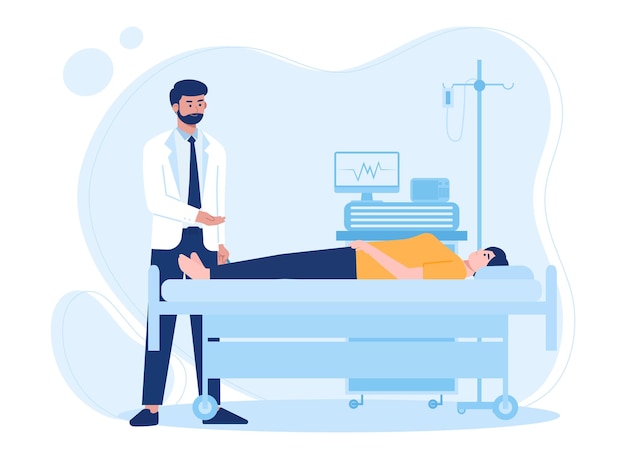 Vector woman lying in hospital bed and doctor examining patient consultationconcept flat illustration