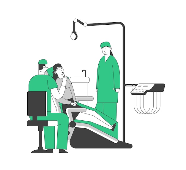 Vector woman lying in medical chair in stomatologist cabinet with equipment.